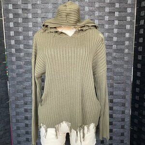 Gilded Small Intent Distressed Ribbed Knit Hoodie Olive Green Fringe‎
